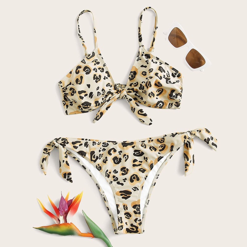 

Leopard Knot Front Tie Side Bikini Swimsuit, Multicolor