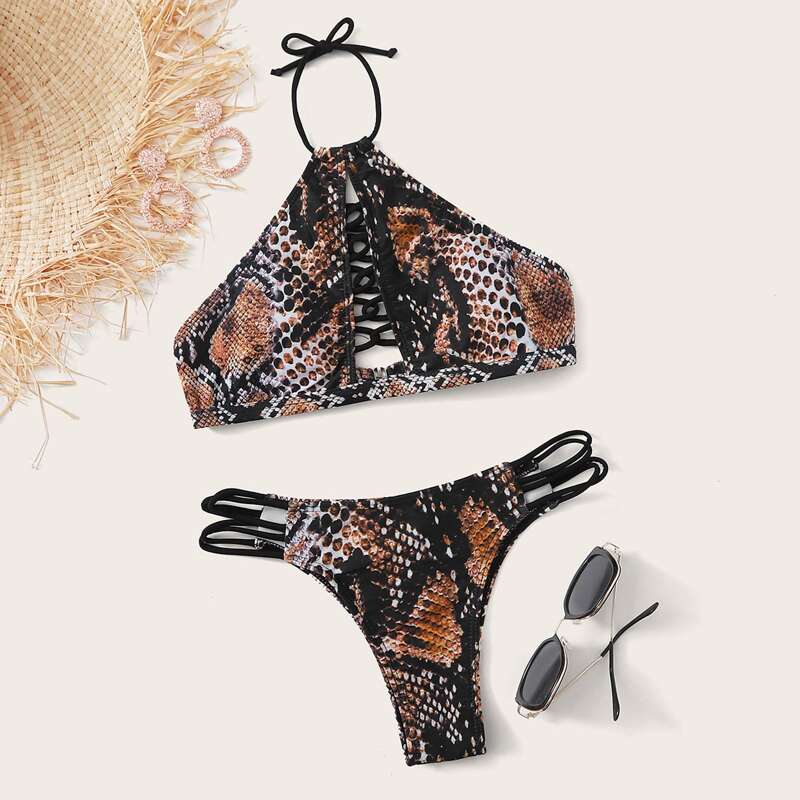 

Snakeskin Crisscross Halter Thong Bikini Swimsuit, Multicolor
