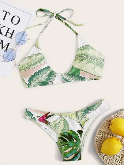 Tropical Print Halter Cheeky Bikini Swimsuit