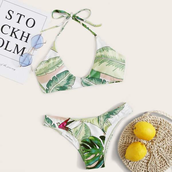

Tropical Print Halter Cheeky Bikini Swimsuit, Multicolor
