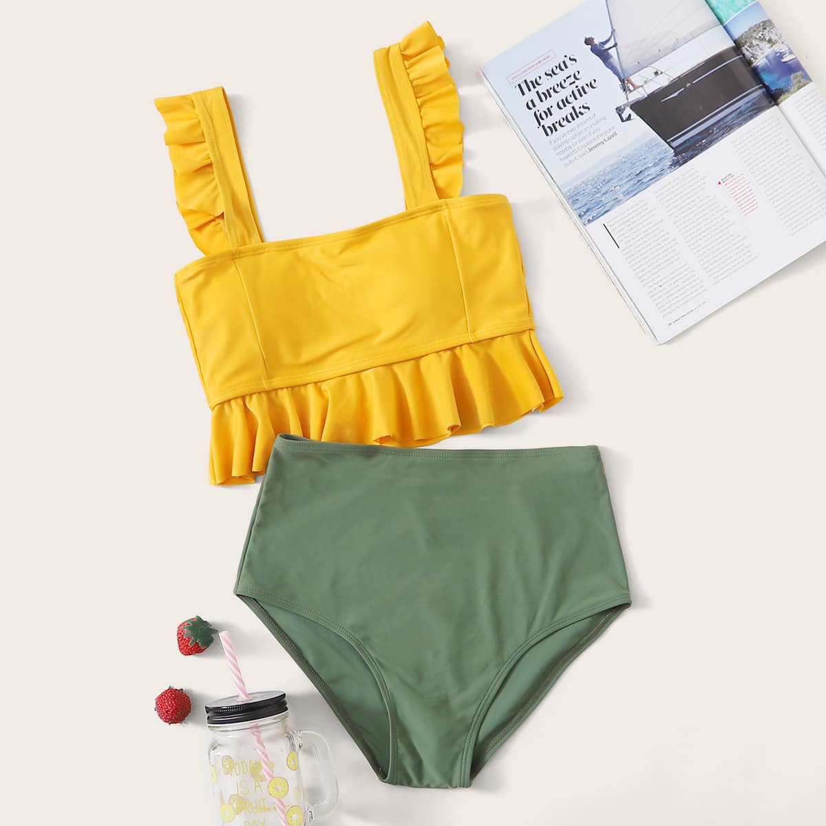

Two Tone Ruffle High Waisted Bikini Swimsuit, Multicolor