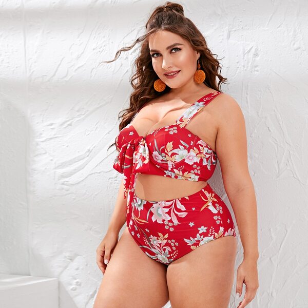 

Plus Floral Tie Front Underwire Bikini Swimsuit, Multicolor