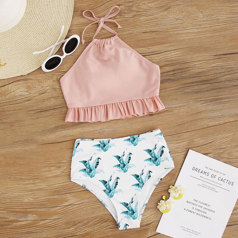 

Tropical Ruffle Hem High Waist Bikini Swimsuit, Multicolor