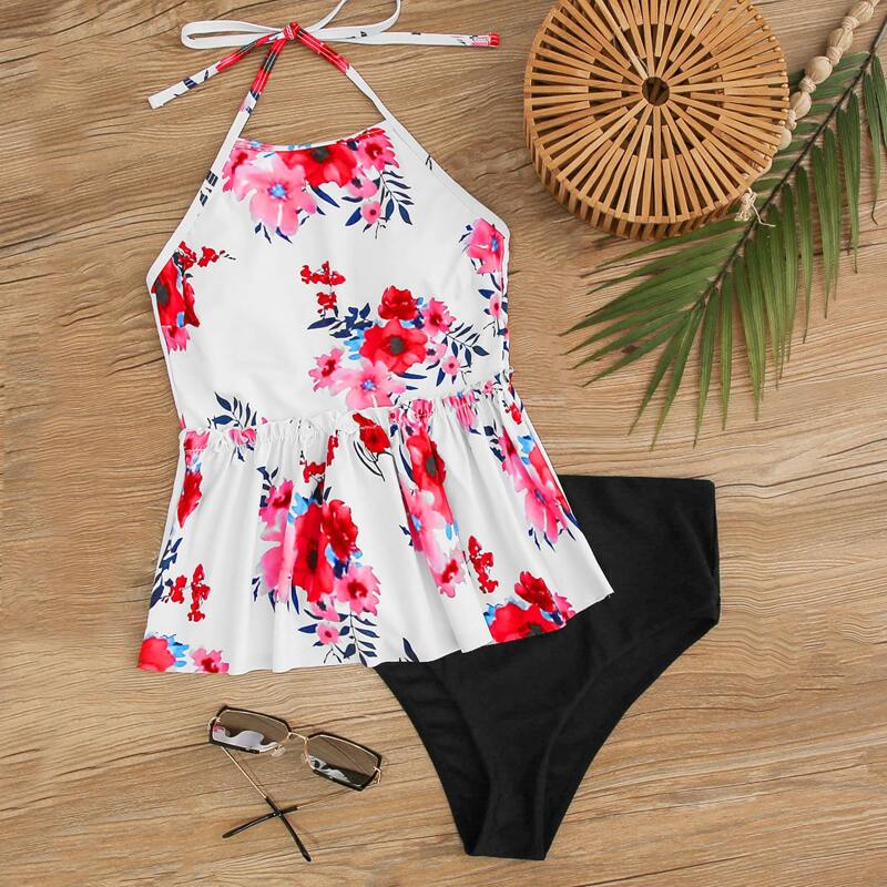 

Halter Random Floral High Waisted Bikini Swimsuit, Multicolor
