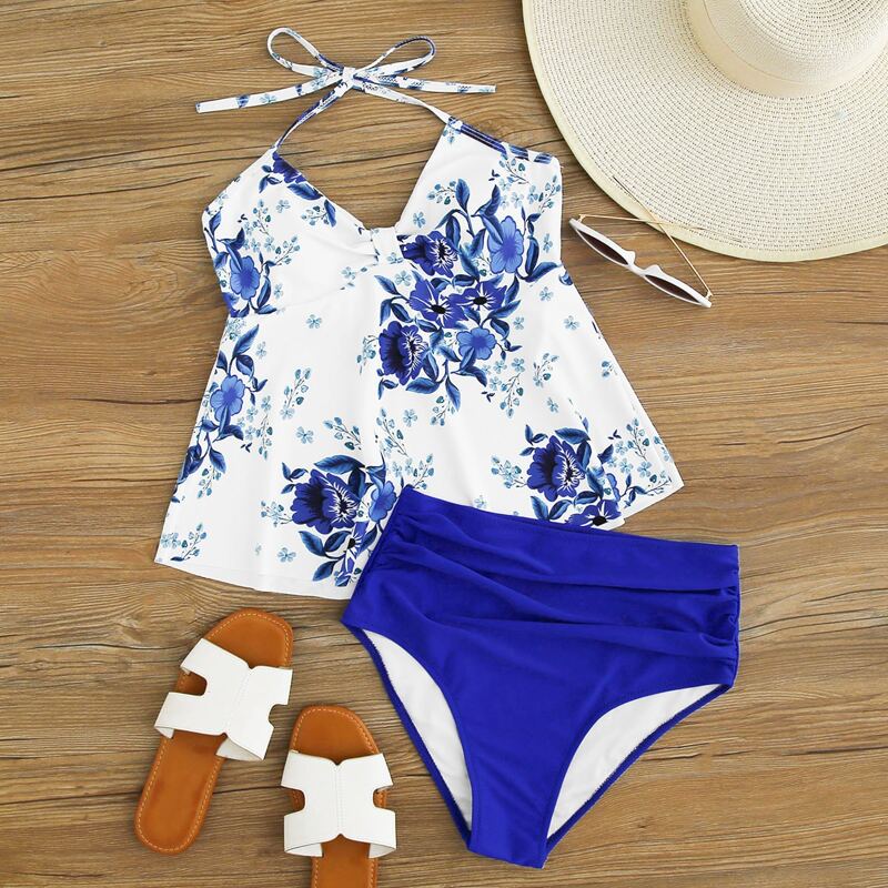 

Floral Halter Ruched High Waisted Bikini Swimsuit, Multicolor