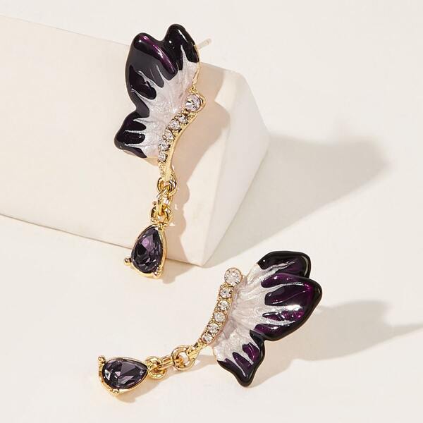 

1pair Gemstone Engraved Butterfly Drop Earrings, Multicolor
