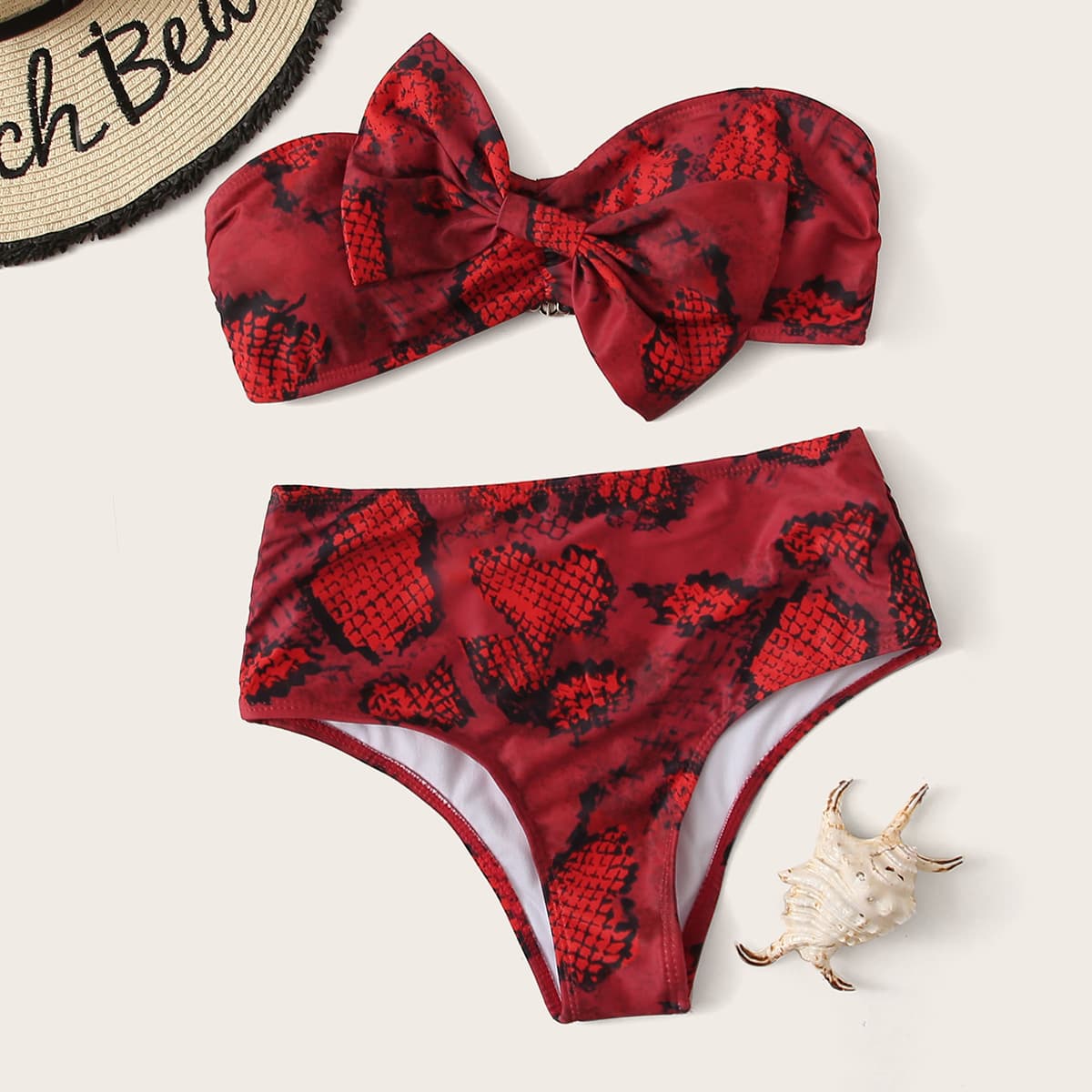 

Snakeskin Bow Bandeau High Waisted Bikini Swimsuit, Burgundy