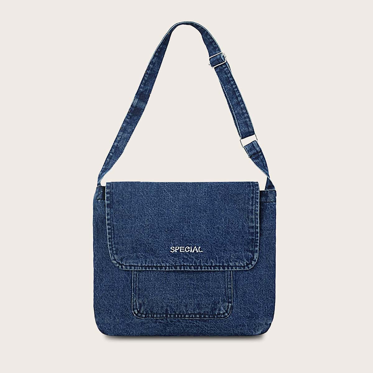 

Flap Denim Crossbody Bag, Blue