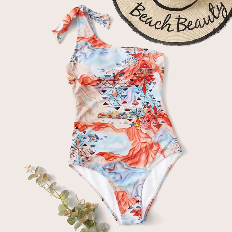 

Graphic Print Tie Straps One Piece Swimsuit, Multicolor