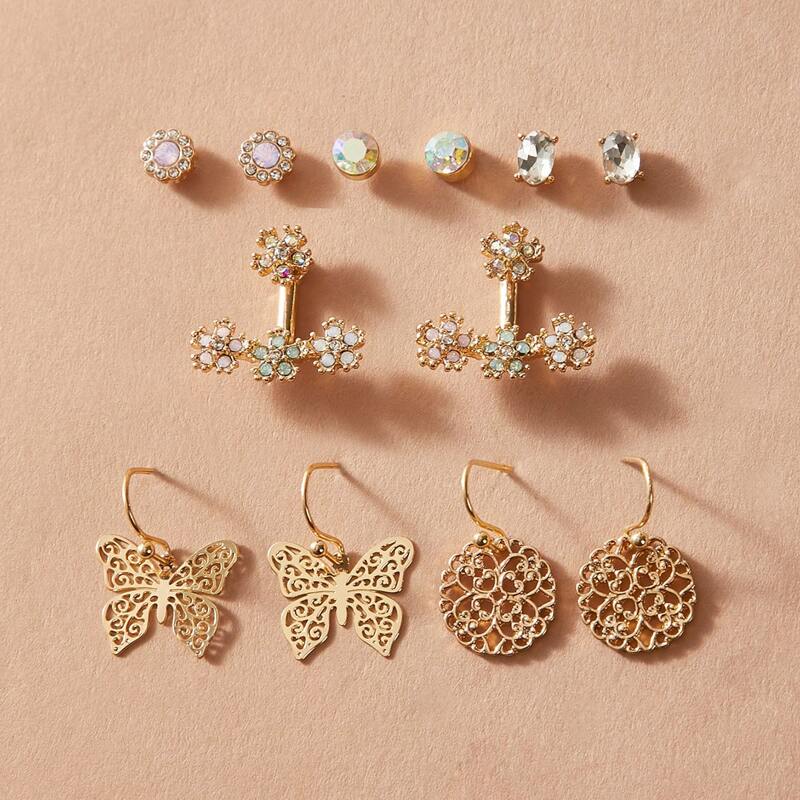 

6pairs Rhinestone Engraved & Butterfly Decor Earrings, Gold
