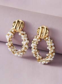 1pair Textured Metal Decor Faux Pearl Round Drop Earrings - Multicolor - View 2
