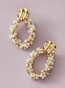 1pair Textured Metal Decor Faux Pearl Round Drop Earrings - Multicolor - View 3