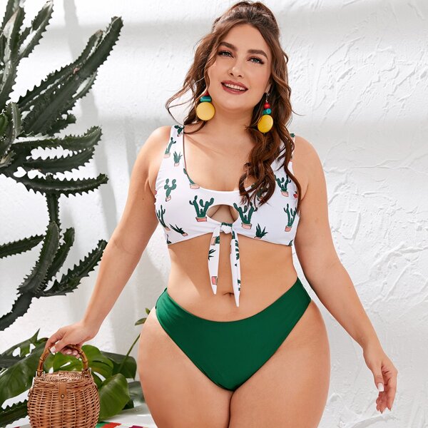 

Plus Cactus Print Tie Front Bikini Swimsuit, Multicolor