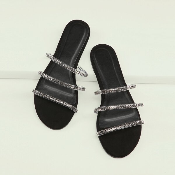 

Triple Rhinestone Straps Open Toe Slide Sandals, Black