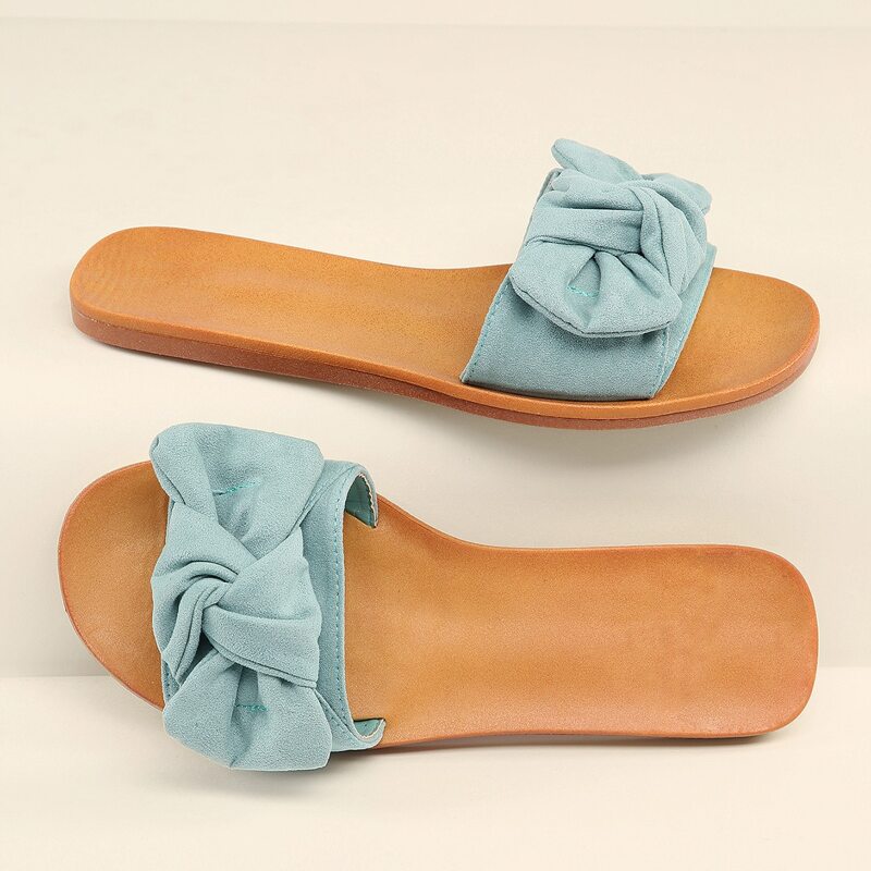 

Open Toe Bow Flat Slide Sandals, Blue