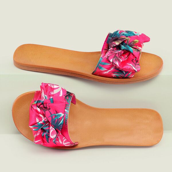 

Open Toe Bow Accent Band Flat Slide Sandals, Multicolor