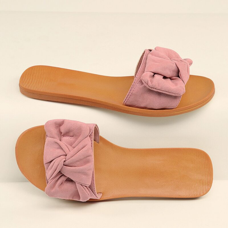 

Open Toe Bow Detail Flat Slide Sandals, Pink