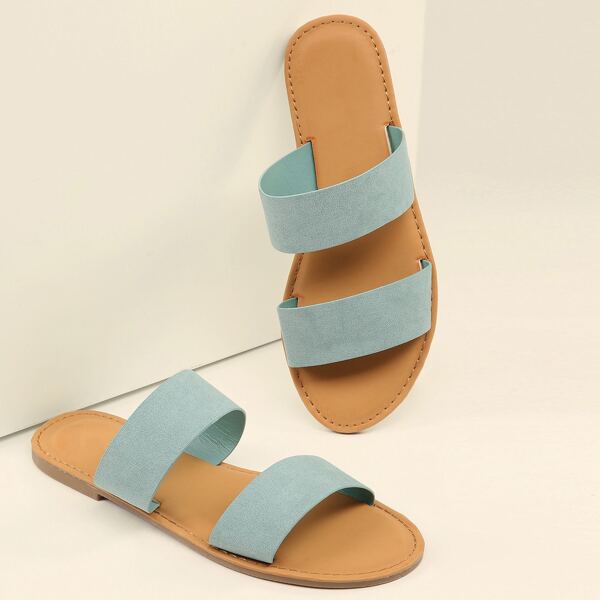 

Open Toe Two Band Flat Slide Sandals, Blue