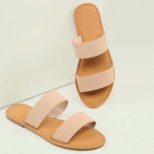 

Double Band Open Toe Flat Slide Sandals, Nude