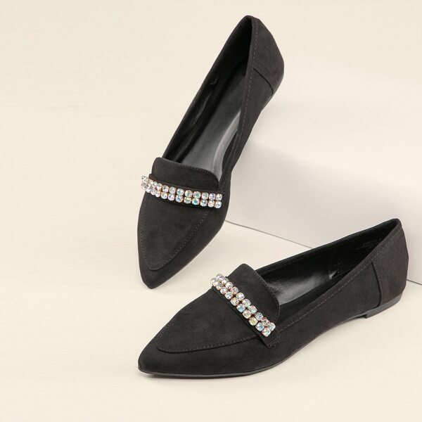 

Pointed Toe Rhinestone Trim Slip On Ballet Flats, Black