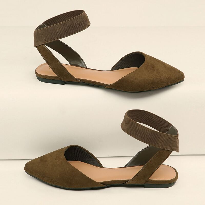 

Pointy Toe Elastic Ankle Strap Side Cut Out Flats, Army green