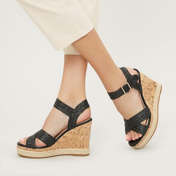 

X Open Toe Band Platform Espadrille Wedge Sandals, Black
