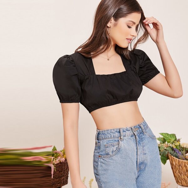 

Back Cut Out Puff Sleeve Square Neck Crop Top, Black