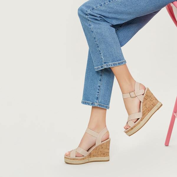 

X Open Toe Band Platform Wedge Sandals, Beige