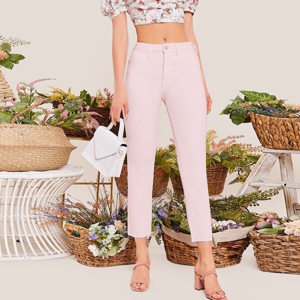 

Raw Hem Acid Wash Slim Denim Jeans, Pink
