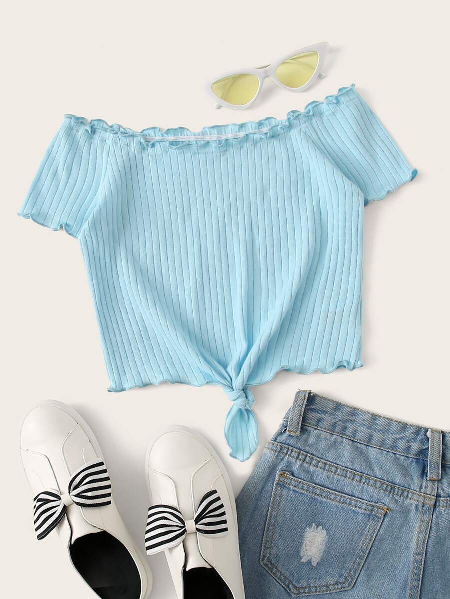 SHEIN Top de hombros descubiertos tejido de canalé ribete en forma de lechuga con cordón delantero - Azul - Ver 1