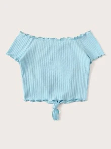 SHEIN Top de hombros descubiertos tejido de canalé ribete en forma de lechuga con cordón delantero - Azul - Ver 2