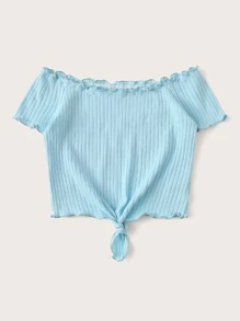 SHEIN Top de hombros descubiertos tejido de canalé ribete en forma de lechuga con cordón delantero - Azul - Ver 5