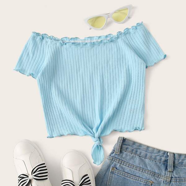 

Ribbed Lettuce-Edge Knotted Crop Top, Blue