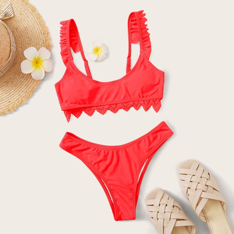 

Frill Trim High Cut Bikini Swimsuit, Red bright