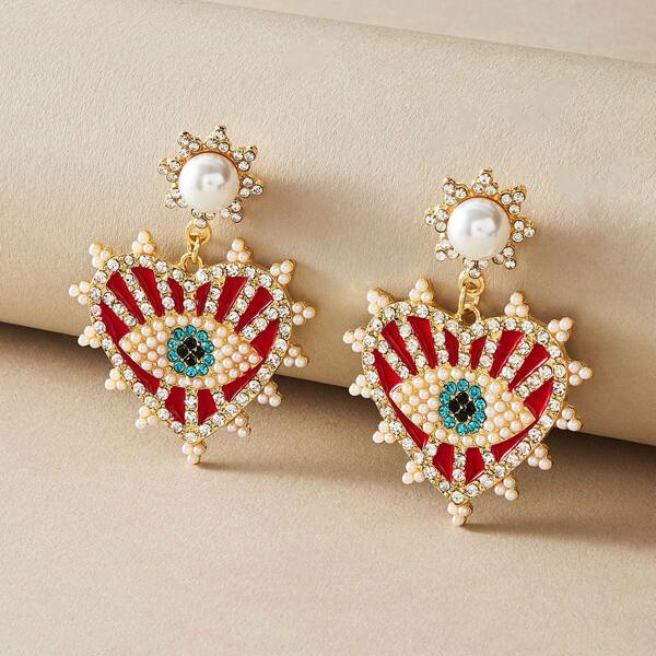 

1pair Rhinestone Engraved & Faux Pearl Decor Heart Drop Earrings, Multicolor
