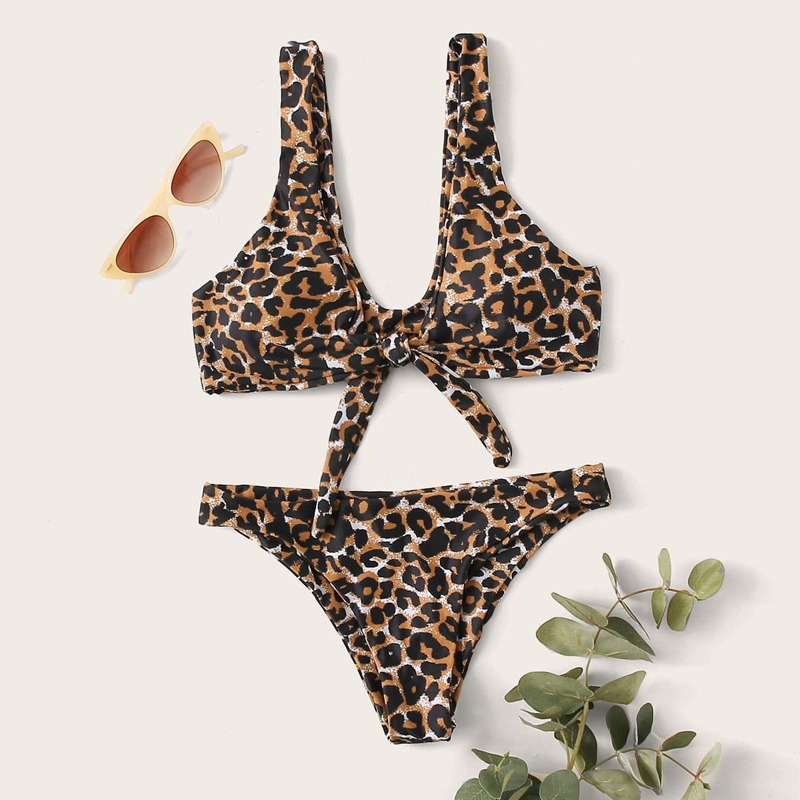 

Leopard Tie Front Cheeky Bikini Swimsuit, Multicolor