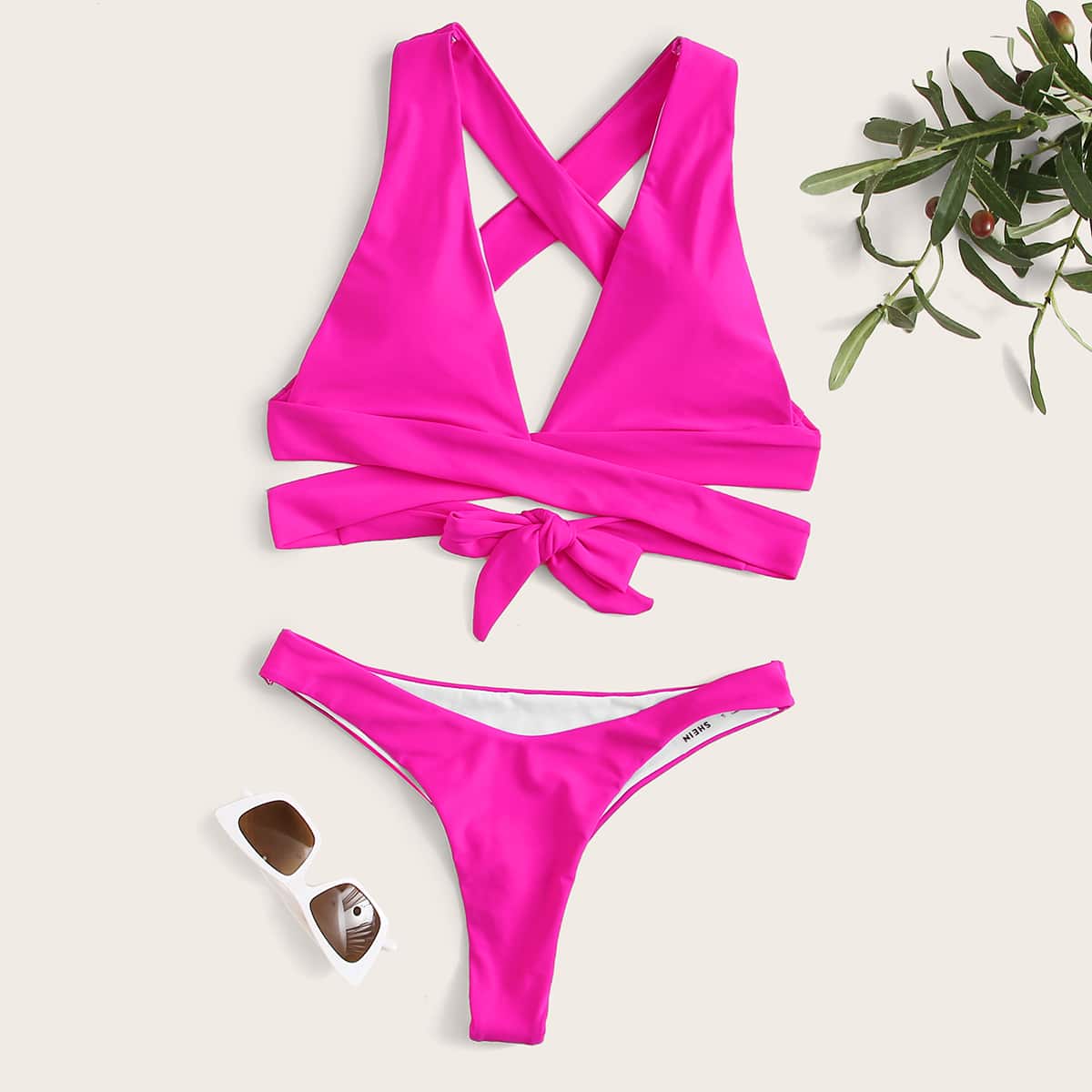 

Criss Cross Wrap Thong Bikini Swimsuit, Pink bright