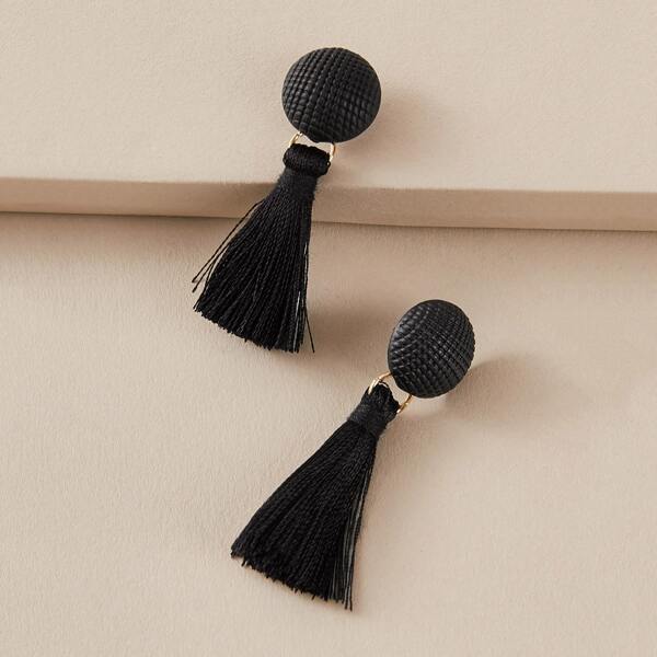 

1pair Round Decor Tassel Drop Earrings, Black