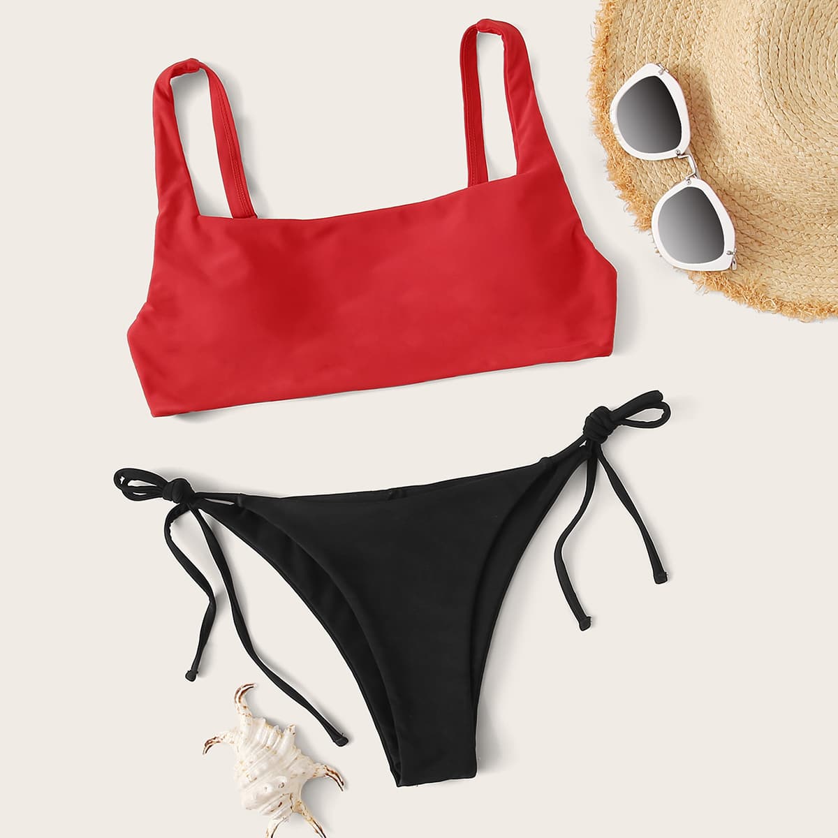 

Two Tone Tie Side Bikini Swimsuit, Multicolor