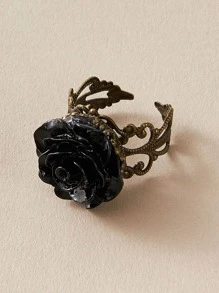 1pc Flower Decor Hollow Out Cuff Ring - Black - View 3