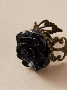 1pc Flower Decor Hollow Out Cuff Ring - Black - View 4