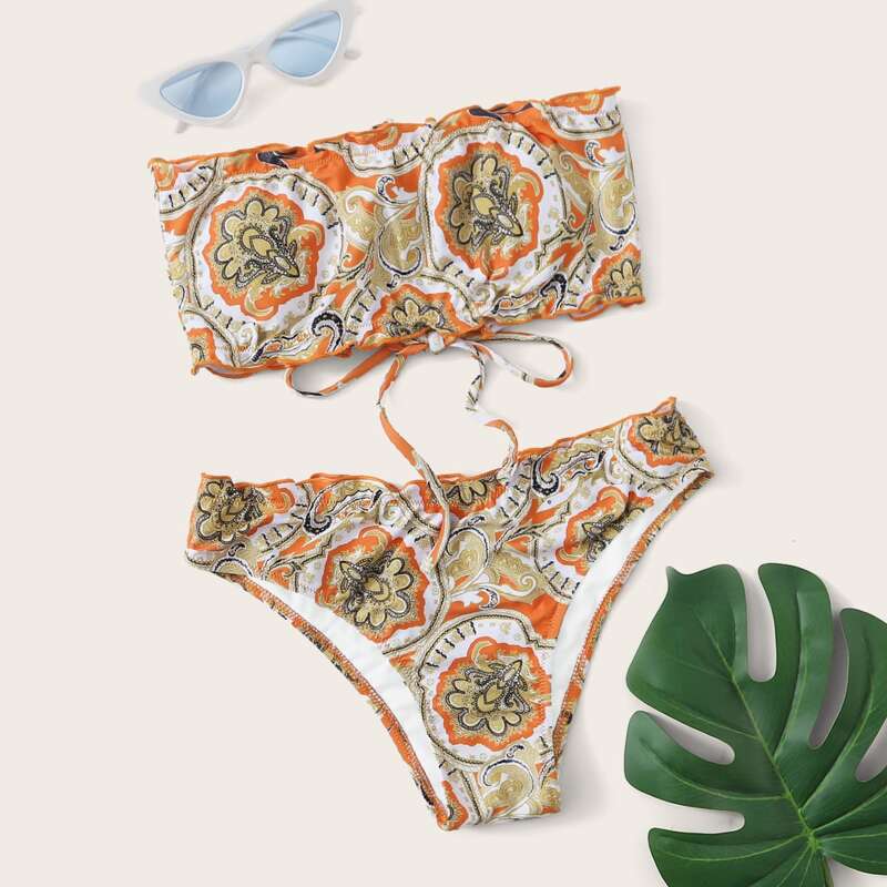 

Tribal Lettuce Trim Lace-up Bandeau Bikini Swimsuit, Multicolor