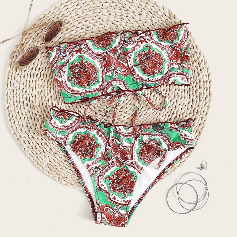 

Tribal Lettuce Trim Lace-up Bandeau Bikini Swimsuit, Multicolor
