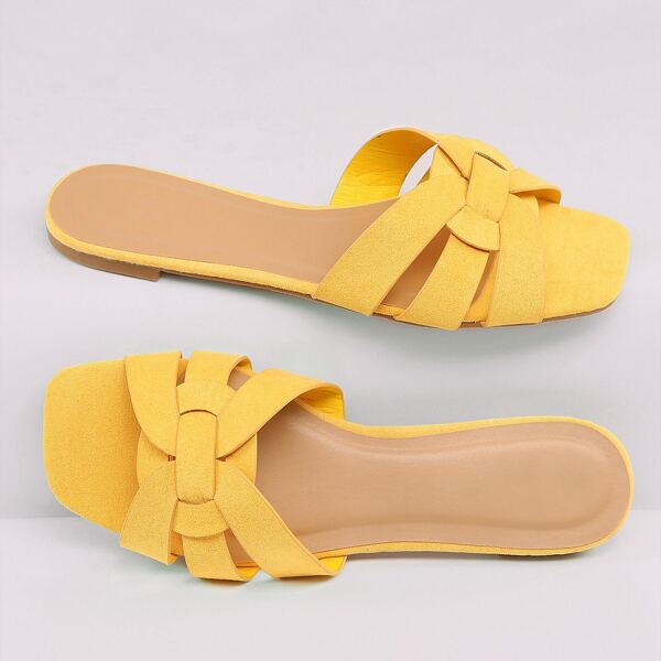 

Open Square Toe Interwoven Strap Slide Sandals, Yellow