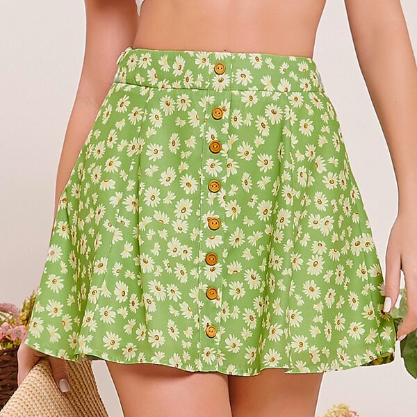 

Button Detail Ditsy Floral Skater Skirt, Green