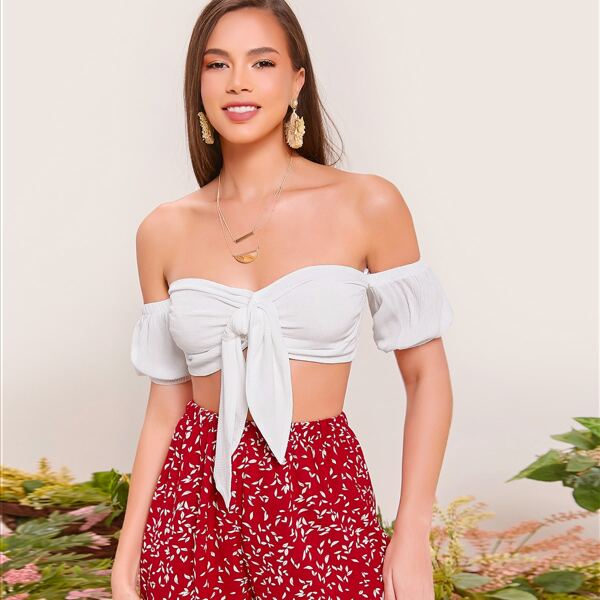 

Shirred Back Puff Sleeve Knot Front Bardot Crop Top, White