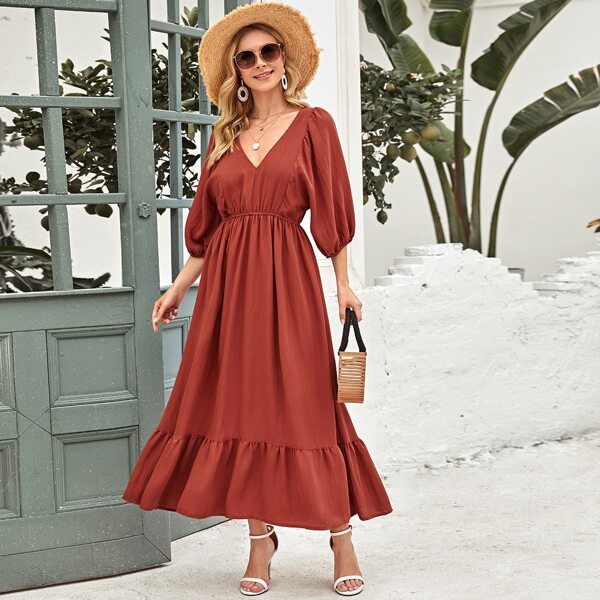 

Ruffle Hem Tie Back Bishop Sleeve Dress, Red