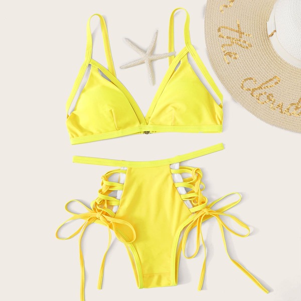 

Ladder Cut Out Tie Side Bikini Swimsuit, Yellow bright