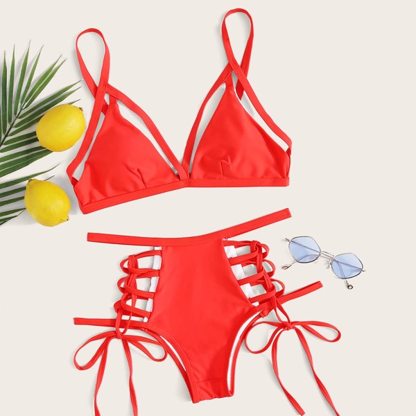 

Ladder Cut Out Tie Side Bikini Swimsuit, Red bright