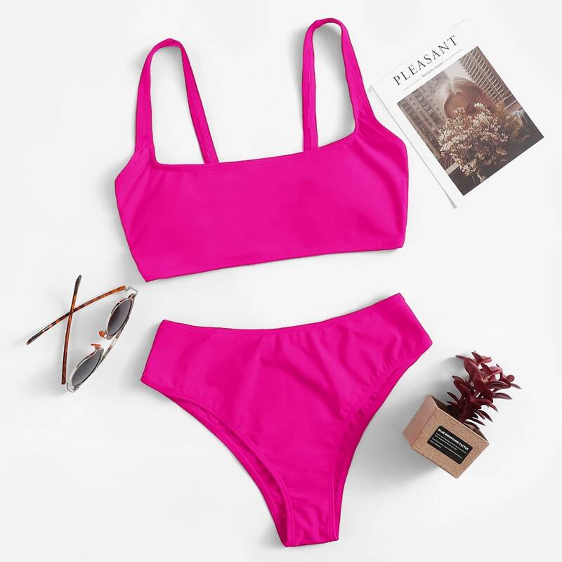 

Solid High Leg Bikini Swimsuit, Pink bright